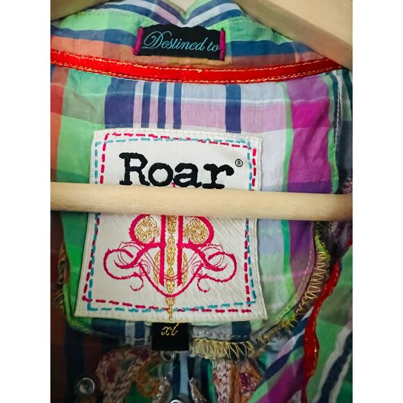 ROAR Embellished Bling Rodeo Cowgirl Western Stretch Shirt Green Purple XL - Picture 3 of 6